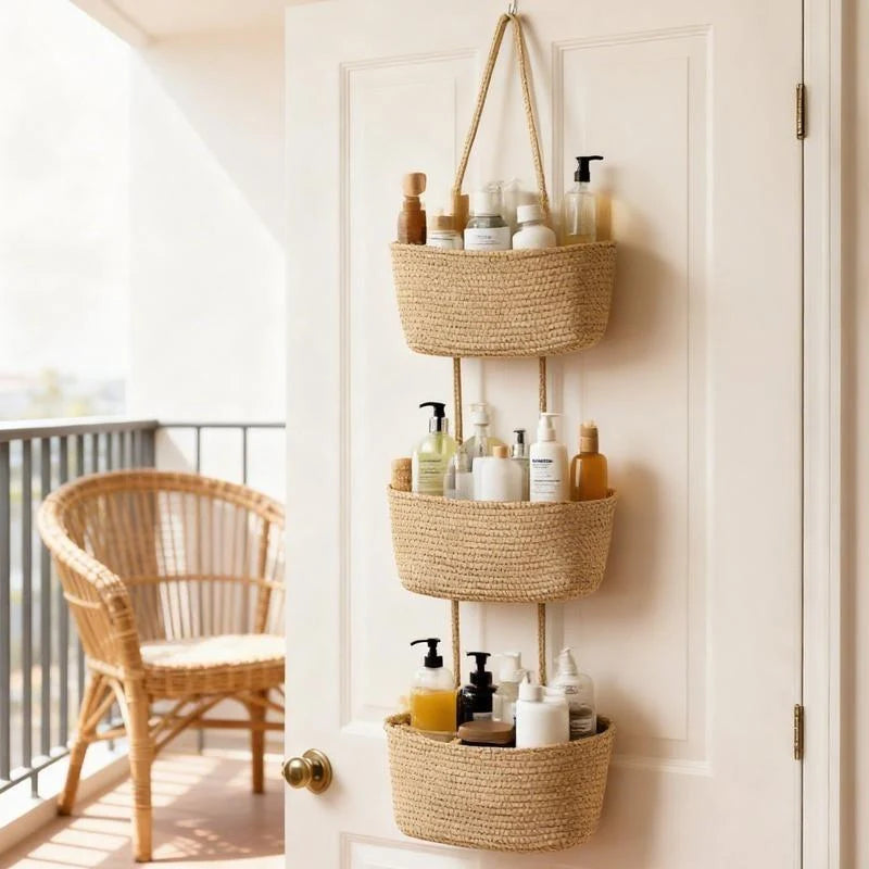 Viahomix™⏳【Limited Offer】50% OFF ! 🧺Woven cotton 3-Tier Over the Door Basket, Wall-Mounted Jute Storage Organizer🔥