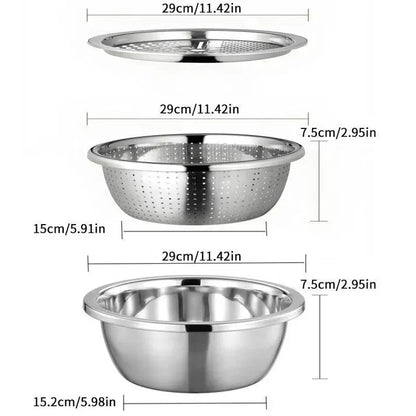 Viahomix™⏳【Limited Offer】50% OFF !  3-in-1 Multifunction Kitchen Strainer Set – Stainless Steel Wash, Drain & Slice Bowl for Fruits, Vegetables & Rice
