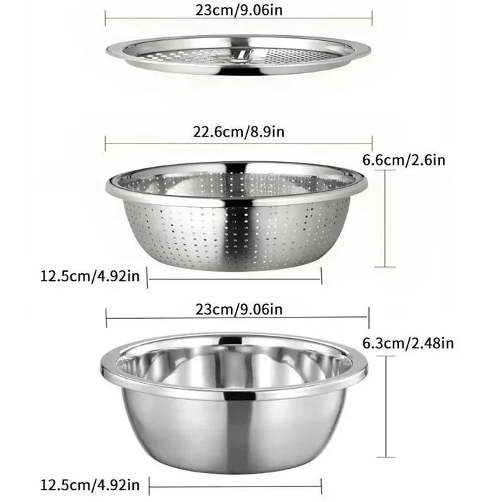 Viahomix™⏳【Limited Offer】50% OFF !  3-in-1 Multifunction Kitchen Strainer Set – Stainless Steel Wash, Drain & Slice Bowl for Fruits, Vegetables & Rice