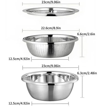 Viahomix™⏳【Limited Offer】50% OFF !  3-in-1 Multifunction Kitchen Strainer Set – Stainless Steel Wash, Drain & Slice Bowl for Fruits, Vegetables & Rice