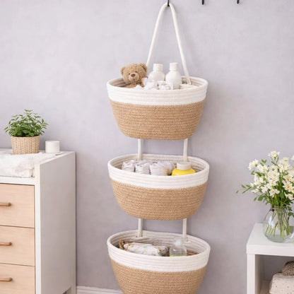 Viahomix™⏳【Limited Offer】50% OFF ! 🧺Woven cotton 3-Tier Over the Door Basket, Wall-Mounted Jute Storage Organizer🔥