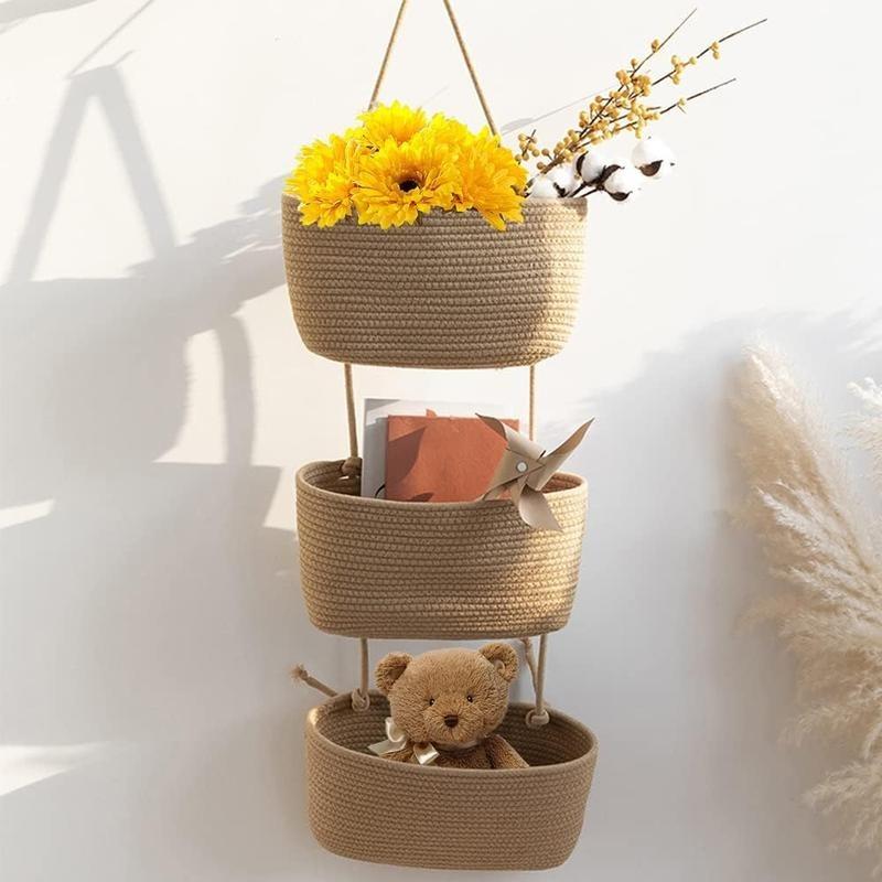 Viahomix™⏳【Limited Offer】50% OFF ! 🧺Woven cotton 3-Tier Over the Door Basket, Wall-Mounted Jute Storage Organizer🔥