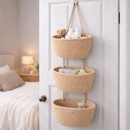 Viahomix™⏳【Limited Offer】50% OFF ! 🧺Woven cotton 3-Tier Over the Door Basket, Wall-Mounted Jute Storage Organizer🔥