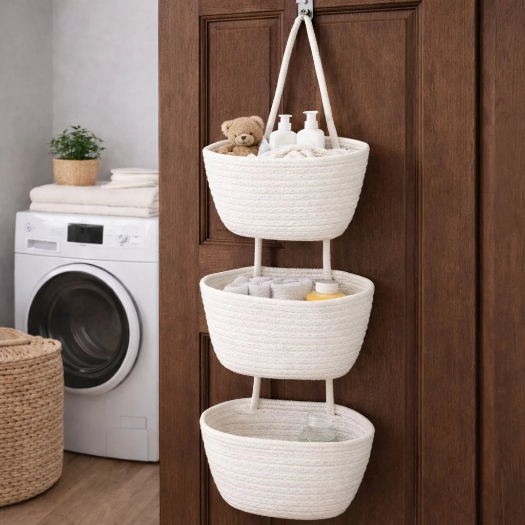 Viahomix™⏳【Limited Offer】50% OFF ! 🧺Woven cotton 3-Tier Over the Door Basket, Wall-Mounted Jute Storage Organizer🔥