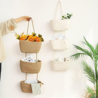 Viahomix™⏳【Limited Offer】50% OFF ! 🧺Woven cotton 3-Tier Over the Door Basket, Wall-Mounted Jute Storage Organizer🔥