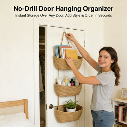 Viahomix™⏳【Limited Offer】50% OFF ! 🧺Woven cotton 3-Tier Over the Door Basket, Wall-Mounted Jute Storage Organizer🔥