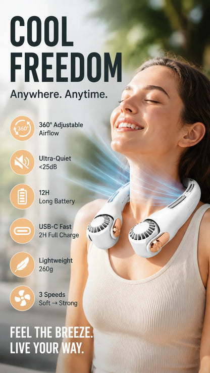 Viahomix™⏳【Limited Offer】50% OFF ! Neck Air Conditioner Fan – Ultra‑quiet, 360° rotating, 3 speeds. Hands‑free cooling, long battery. Summer essential! 😎🌬️