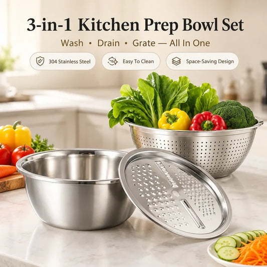 Viahomix™⏳【Limited Offer】50% OFF !  3-in-1 Multifunction Kitchen Strainer Set – Stainless Steel Wash, Drain & Slice Bowl for Fruits, Vegetables & Rice