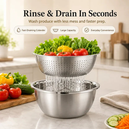 Viahomix™⏳【Limited Offer】50% OFF !  3-in-1 Multifunction Kitchen Strainer Set – Stainless Steel Wash, Drain & Slice Bowl for Fruits, Vegetables & Rice