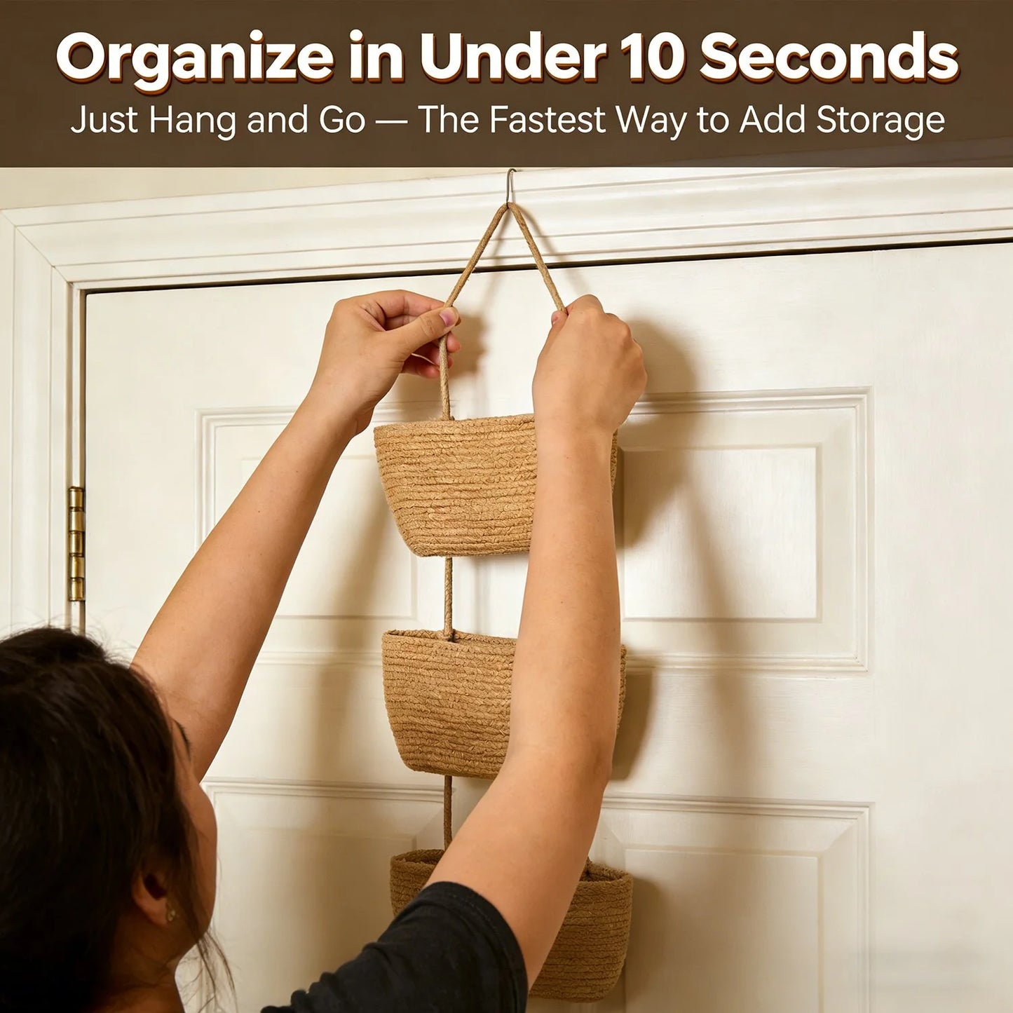 Viahomix™⏳【Limited Offer】50% OFF ! 🧺Woven cotton 3-Tier Over the Door Basket, Wall-Mounted Jute Storage Organizer🔥