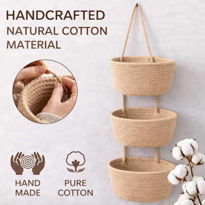 Viahomix™⏳【Limited Offer】50% OFF ! 🧺Woven cotton 3-Tier Over the Door Basket, Wall-Mounted Jute Storage Organizer🔥