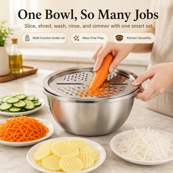 Viahomix™⏳【Limited Offer】50% OFF !  3-in-1 Multifunction Kitchen Strainer Set – Stainless Steel Wash, Drain & Slice Bowl for Fruits, Vegetables & Rice