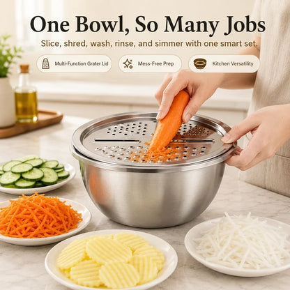 Viahomix™⏳【Limited Offer】50% OFF !  3-in-1 Multifunction Kitchen Strainer Set – Stainless Steel Wash, Drain & Slice Bowl for Fruits, Vegetables & Rice
