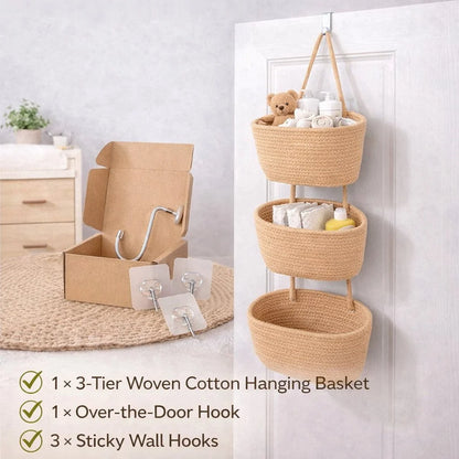 Viahomix™⏳【Limited Offer】50% OFF ! 🧺Woven cotton 3-Tier Over the Door Basket, Wall-Mounted Jute Storage Organizer🔥
