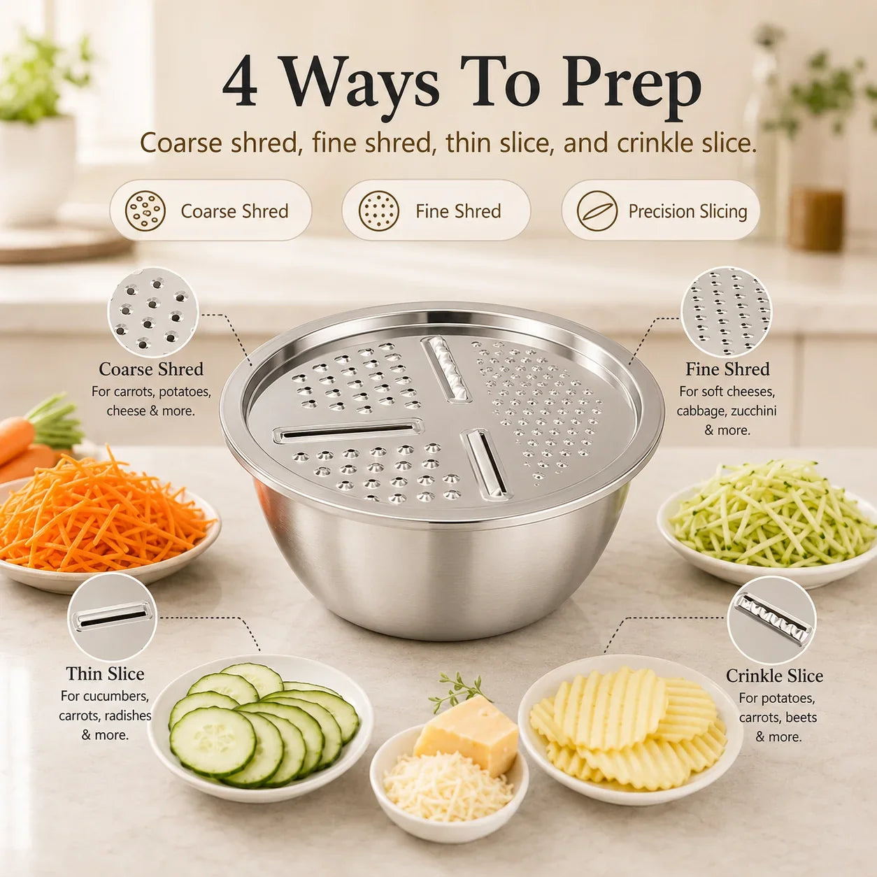 Viahomix™⏳【Limited Offer】50% OFF !  3-in-1 Multifunction Kitchen Strainer Set – Stainless Steel Wash, Drain & Slice Bowl for Fruits, Vegetables & Rice