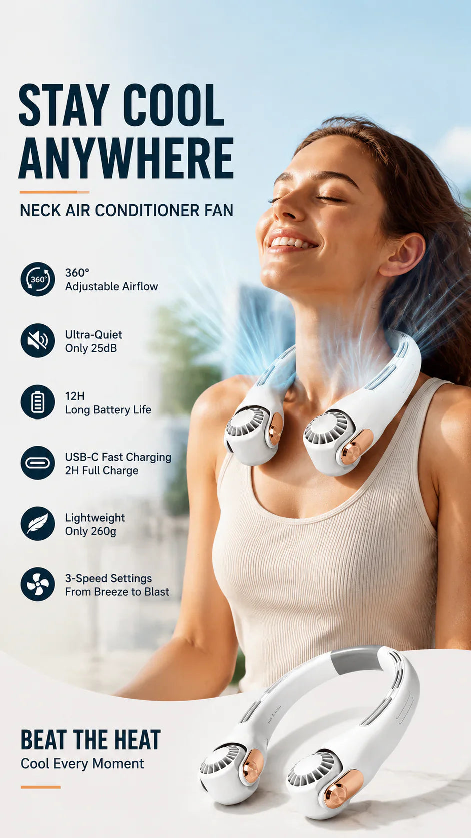 Viahomix™⏳【Limited Offer】50% OFF ! Neck Air Conditioner Fan – Ultra‑quiet, 360° rotating, 3 speeds. Hands‑free cooling, long battery. Summer essential! 😎🌬️