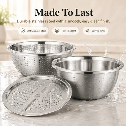 Viahomix™⏳【Limited Offer】50% OFF !  3-in-1 Multifunction Kitchen Strainer Set – Stainless Steel Wash, Drain & Slice Bowl for Fruits, Vegetables & Rice