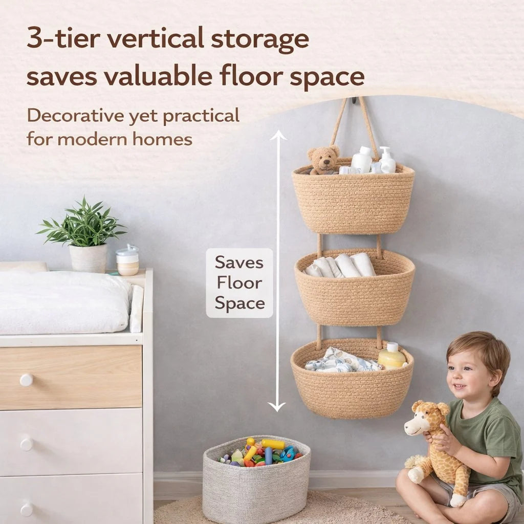 Viahomix™⏳【Limited Offer】50% OFF ! 🧺Woven cotton 3-Tier Over the Door Basket, Wall-Mounted Jute Storage Organizer🔥