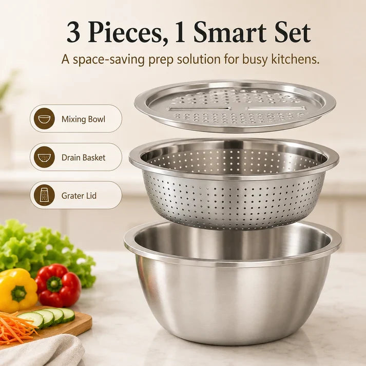 Viahomix™⏳【Limited Offer】50% OFF !  3-in-1 Multifunction Kitchen Strainer Set – Stainless Steel Wash, Drain & Slice Bowl for Fruits, Vegetables & Rice