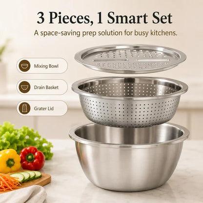 Viahomix™⏳【Limited Offer】50% OFF !  3-in-1 Multifunction Kitchen Strainer Set – Stainless Steel Wash, Drain & Slice Bowl for Fruits, Vegetables & Rice