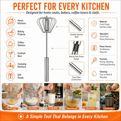 Viahomix™⏳【Limited Offer】50% OFF ! Stainless Steel Hand-Push Rotary Whisk – Effortless Mixing in Seconds!