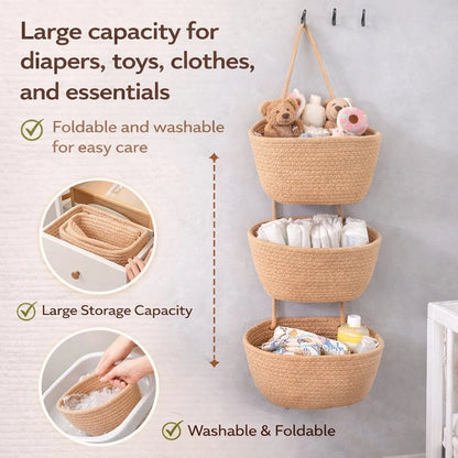 Viahomix™⏳【Limited Offer】50% OFF ! 🧺Woven cotton 3-Tier Over the Door Basket, Wall-Mounted Jute Storage Organizer🔥