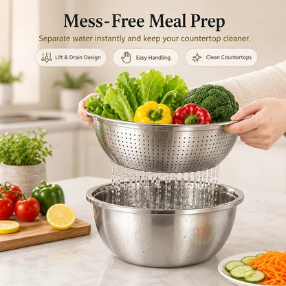 Viahomix™⏳【Limited Offer】50% OFF !  3-in-1 Multifunction Kitchen Strainer Set – Stainless Steel Wash, Drain & Slice Bowl for Fruits, Vegetables & Rice