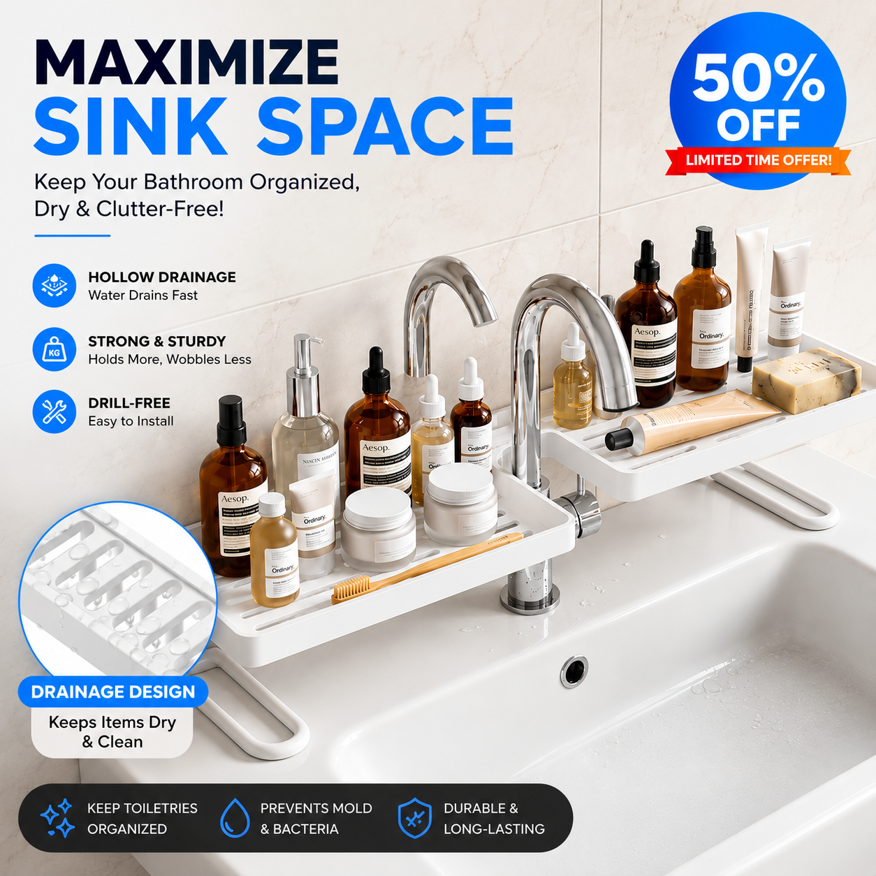 Viahomix™⏳【Limited Offer】50% OFF ! No-Drill Kitchen Sink Sponge Holder & Drain Rack
