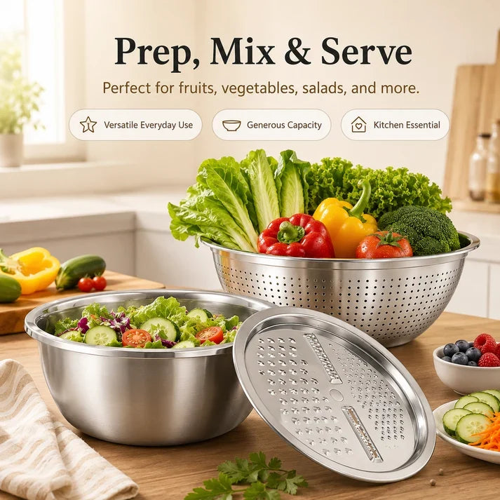 Viahomix™⏳【Limited Offer】50% OFF !  3-in-1 Multifunction Kitchen Strainer Set – Stainless Steel Wash, Drain & Slice Bowl for Fruits, Vegetables & Rice