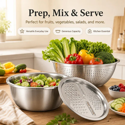 Viahomix™⏳【Limited Offer】50% OFF !  3-in-1 Multifunction Kitchen Strainer Set – Stainless Steel Wash, Drain & Slice Bowl for Fruits, Vegetables & Rice