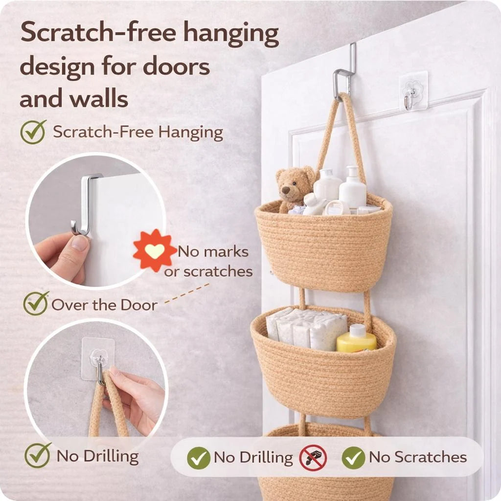 Viahomix™⏳【Limited Offer】50% OFF ! 🧺Woven cotton 3-Tier Over the Door Basket, Wall-Mounted Jute Storage Organizer🔥