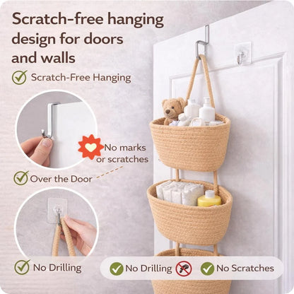 Viahomix™⏳【Limited Offer】50% OFF ! 🧺Woven cotton 3-Tier Over the Door Basket, Wall-Mounted Jute Storage Organizer🔥